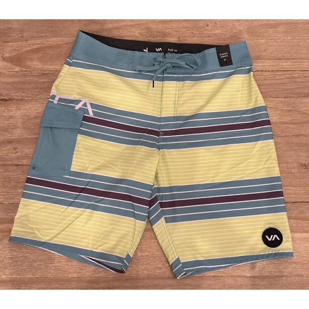 RVCA Uncivil Striped Swim Trunks Board Shorts Blue Yellow Men 32 NEW Classic